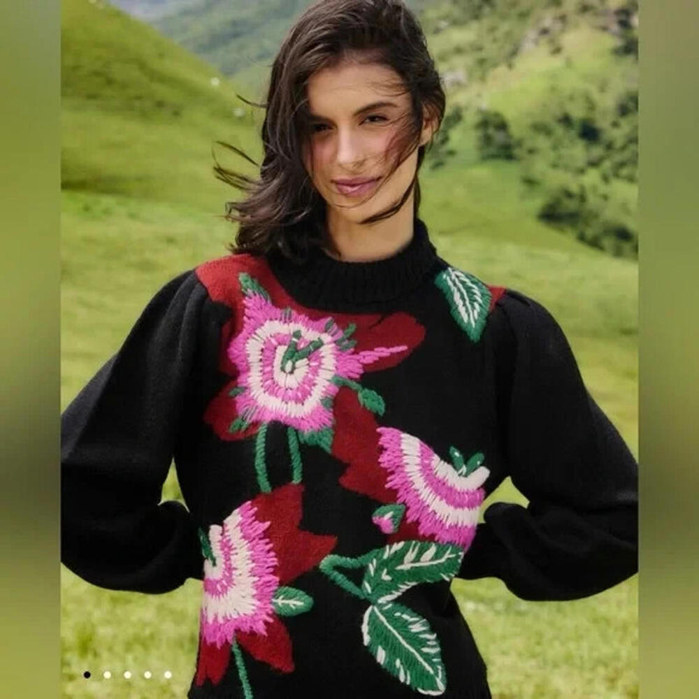 NEW, Farm Rio Colorful Flower Turtleneck Sweater in Black multi Sz XS #T3701 - Picture 2 of 12